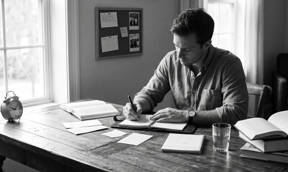 The Quiet Architecture of Discipline A man focused on writing in a planner at a minimalist wooden desk.